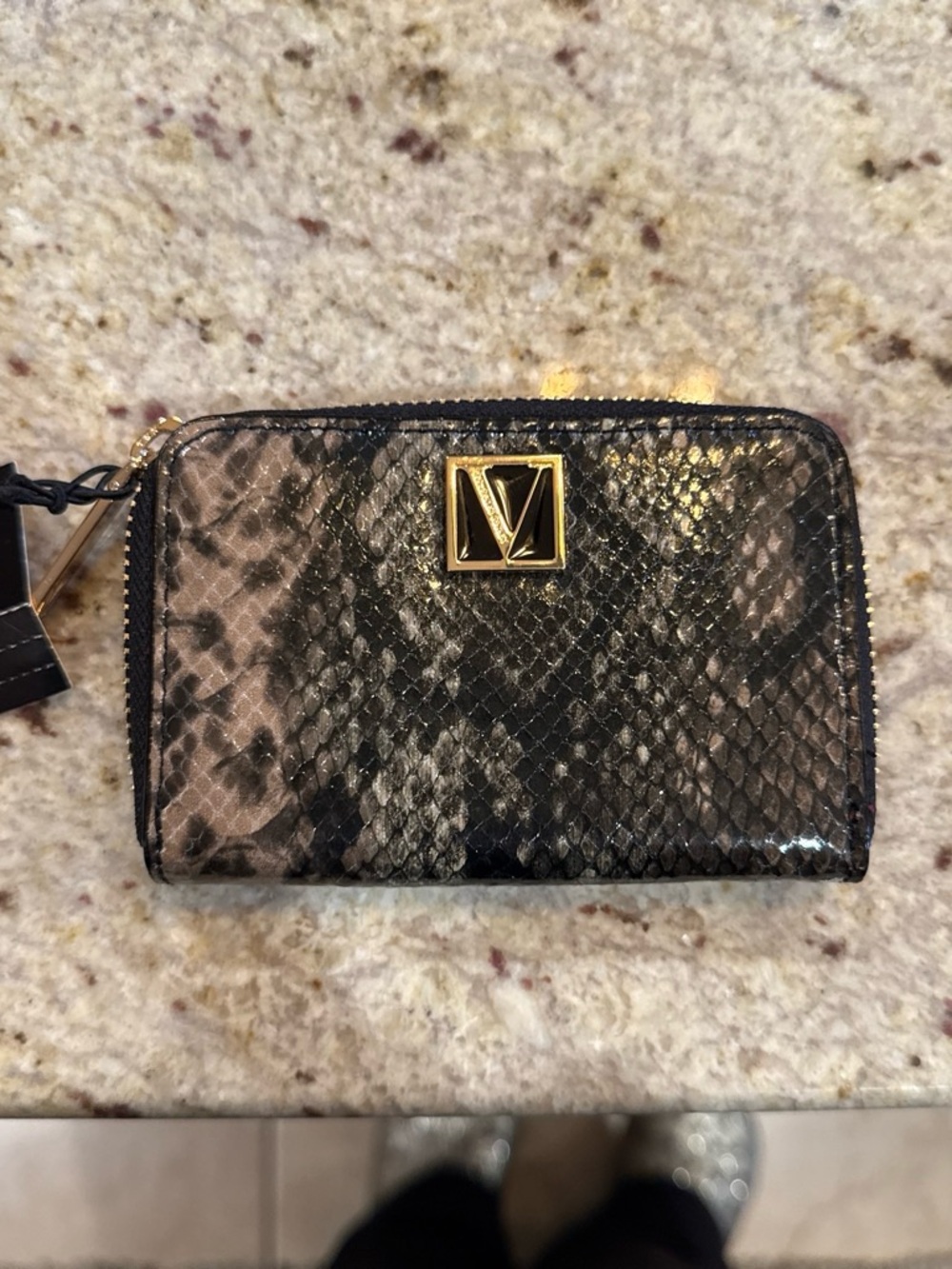 Victoria’s Secret Snake-Embossed Zip Wallet in Black and Taupe - Picture 1 of 4